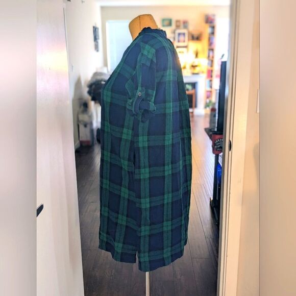 3/$30 Global Work L French Linen Blend Navy Blue and Green Plaid Tunic - Picture 5 of 11